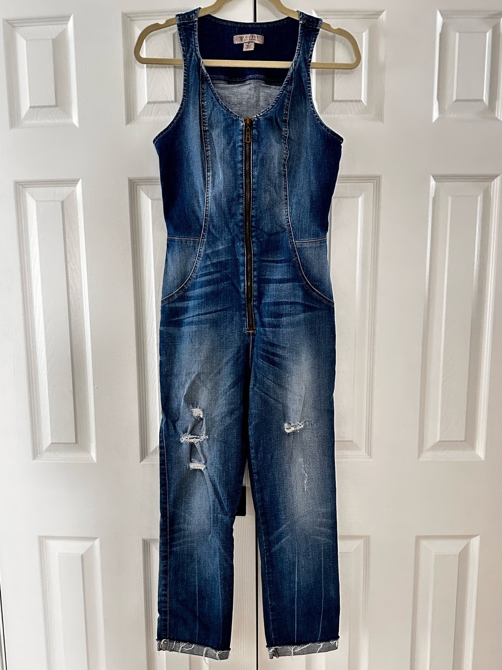 Vintage GUESS Denim Jumpsuit Size 4 Y2K Distressed Zip Front